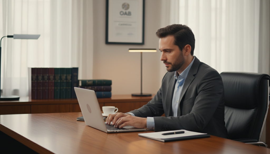 Advogado em escritório, computador, marketing jurídico OAB, ética legal, publicidade para advogados