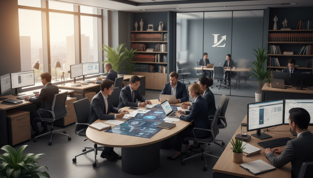 Equipe de advogados colaborando em estratégias de marketing jurídico para pequenos escritórios