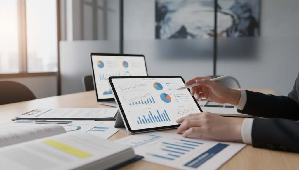 Mãos de advogado analisando gráficos de marketing jurídico em tablet, com indicadores de sucesso e crescimento digital.