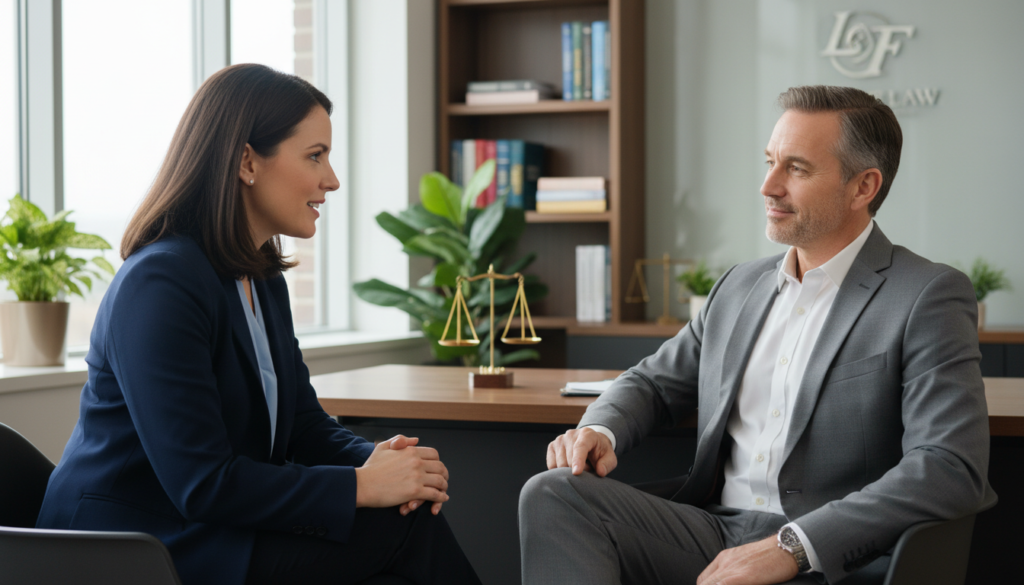 Advogado conversando com cliente, marketing jurídico humanizado, empatia na advocacia, conexão cliente-advogado, escritório moderno.