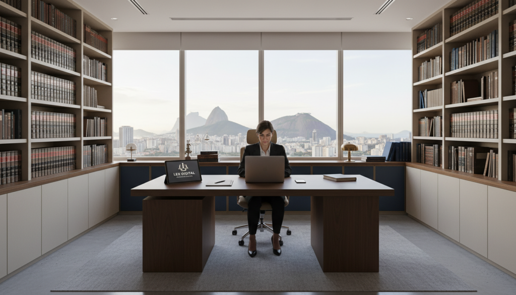 Advogado trabalhando em marketing jurídico ético no RJ, seguindo normas da OAB, em um escritório no Rio de Janeiro