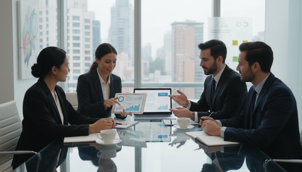 Equipe de marketing jurídico B2B analisando dados em tablets e laptops em um escritório moderno, focando em clientes corporativos.