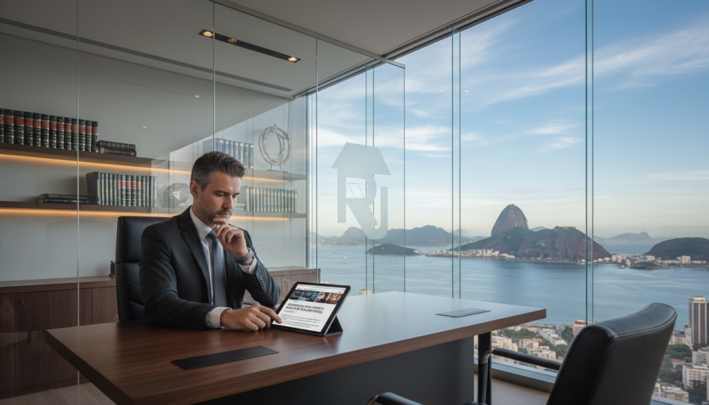 Advogado em escritório no Rio de Janeiro com tablet, simbolizando o uso de marketing de conteúdo digital para escritórios de advocacia no Rio.